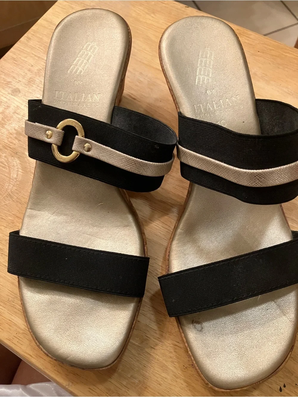 Italian Shoemakers Black and Gold Wedge Slide Mules